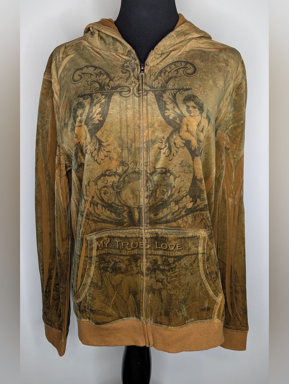Y2K Republic Industry Women's L Velour Cherub Grunge Brown/Gold Full Zip Hoodie